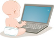 Small baby sits in front of blank laptop computer screen. 