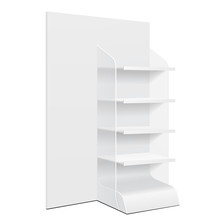 White Cardboard Floor Display Rack For Supermarket Blank Empty Displays With Shelves And Banner Products Mock Up On White Background Isolated. Ready For Your Design. Product Packing. Vector EPS10