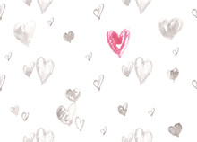 Seamless Pattern With Pastel Grey Hearts And One Big Pink Heart Painted In Watercolor On White Isolated Background