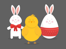 Cute Easter Bunny, Chicken And Egg Vector