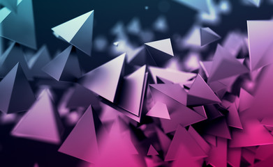 Poster - Abstract 3d rendering of chaotic low poly shapes. Flying polygonal pyramids in empty space. Futuristic background with bokeh effect. Poster design.