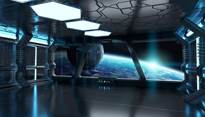 Wall Mural - spaceship interior with view on the planet earth 3d rendering el