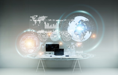 Aufkleber - Workplace with modern devices and hologram screens 3D rendering