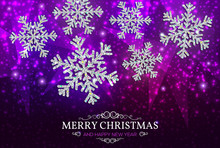 Christmas Banner Silver Snowflakes On A Purple Background