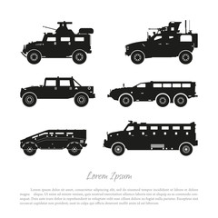 Wall Mural - Black silhouette of military car on white background. War SUV in side view. Vector illustration