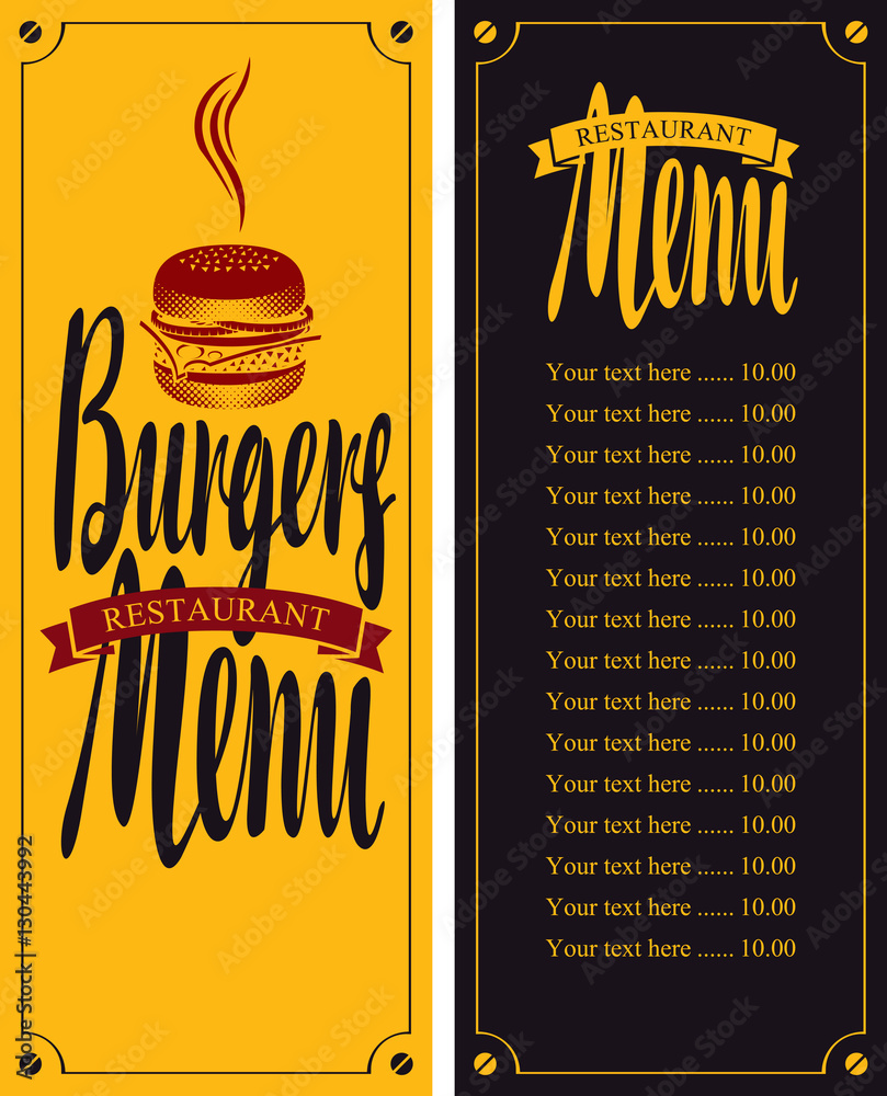vector menu for fast food restaurant with burgers and price Stock ...