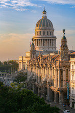 The National Capitol Building (El Capitolio), Lit By The Golden Morning Sun In Havana, Cuba