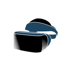 Poster - Isolated vr headset logotype on white background. Black color virtual reality helmet logo. Head-mounted display icon. Modern gaming device. Simulation smartglasses vector illustration .