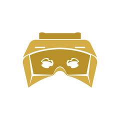 Poster - Isolated vr headset logotype on white background. Golden color virtual reality helmet logo. Head-mounted display icon. Futuristic gaming device. Simulation smartglasses vector illustration .