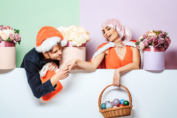 Wall Mural - christmas couple with flowers