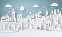 Winter Snow Urban Countryside Landscape City Village With Moon