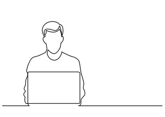 Poster - continuous line drawing of man sitting behind laptop computer