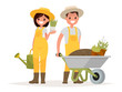 A couple of gardeners. Man with wheelbarrow of earth, a woman ho