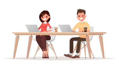Businessman and  businesswoman for the common desktop work compu