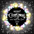 © 7razer - vector Merry Christmas and Happy New Year 2017. art Glowing White Christmas Lights Wreath for Xmas Holiday Greeting Cards Design. Wooden Hand Drawn Background.