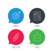 © tanyastock - Colored speech bubbles. Puzzle, graph charts and target icons. Safety pin linear sign. Flat web buttons with linear icons. Vector