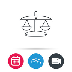 Scales of Justice icon. Law and judge sign. Measurement tool symbol. Group of people, video cam and calendar icons. Vector