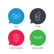 © tanyastock - Colored speech bubbles. Medical mask, blood and pills icons. Enema linear sign. Flat web buttons with linear icons. Vector