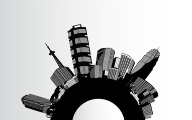 Wall Mural - Round black and white cityscape with skyscrapers placed around.