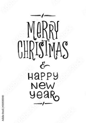 Merry Christmas Happy New Year Retro Vector Poster. Black and White Monochrome Design. Ink Hand