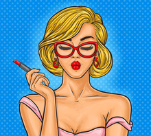 Pop Art Illustration Woman Paints Her Lips.