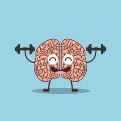 Sticker - cartoon brain lifting weights icon over blue background. colorful design. vector illustration