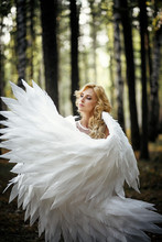 Girl Spreading Angel Wings While Standing In Magical Forest