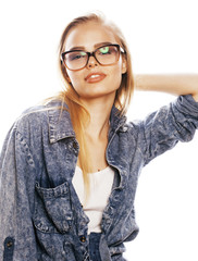 young pretty girl teenager in glasses on white isolated blond ha