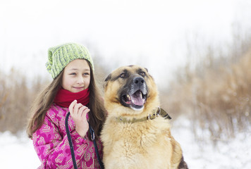 Canvas Print - girl child and dog Shepherd