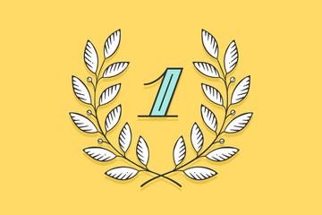 Laurel wreath icon with number One isolated on a yellow background. Hand drawn design and element for tournament, competition, winner, prize and awarding. Vector Illustration