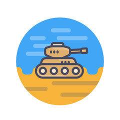 Poster - battle tank in desert, icon in flat style with outline, vector illustration