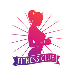 Sticker - Fitness club logo, emblem with posing athletic girl with dumbbell over white