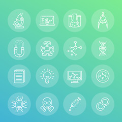 Wall Mural - Science and research line icons set, robotics, mechanical engineering, integrated circuit design, laboratory, chemistry, physics,