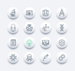 Science and research line icons set, study, laboratory, chemistry, physics, genetics, robotics, mechanical engineering, integrated