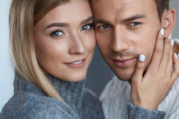 Care. Portrait Of Beautiful Young Couple, Woman And Man Indoors