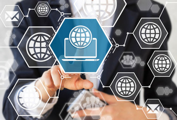 Wall Mural - Businessman presses laptop sign with globe. Businesswoman touched notebook icon with earth. Computing button. Communication in business, mail, work, connection. Smartphone, network, hexagon, world.