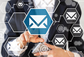 Businessman presses mail sign. Businesswoman touched envelope icon. Email button. Post in business, chat, communication, connection. Smartphone, network, hexagon.