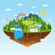 Vector illustration of ecology concept of green energy. Renewable sources of energy like hydro, solar, geothermal and wind power generation facilities. Clean green island soaring in the sky.
