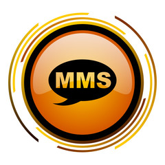 Poster - MMS sign vector icon. Modern design round orange button isolated on white square background for web and application designers in eps10.