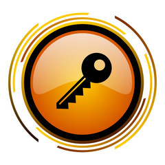 Aufkleber - Key sign vector icon. Modern design round orange button isolated on white square background for web and application designers in eps10.