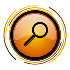 Poster - Search glass sign vector icon. Modern design round orange button isolated on white square background for web and application designers in eps10.