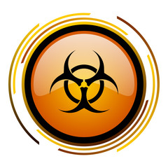 Poster - Biohazard sign vector icon. Modern design round orange button isolated on white square background for web and application designers in eps10.
