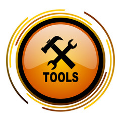 Poster - Tools sign vector icon. Modern design round orange button isolated on white square background for web and application designers in eps10.