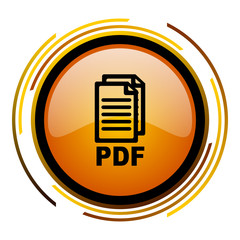 Poster - PDF document sign vector icon. Modern design round orange button isolated on white square background for web and application designers in eps10.