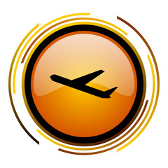 Poster - Plane orange glossy web vector icon.