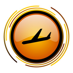 Poster - Plane orange glossy web vector icon.