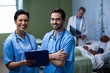© WavebreakMediaMicro - Portrait of male and female nurse standing in ward