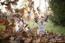 Cheerful Siblings Playing With Dry Leaves In Backyard