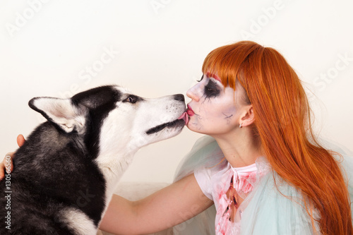Dog Siberian Husky Kisses On The Lips Red Haired Girl In A Zombi