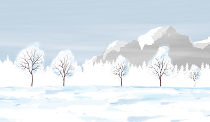 Watercolor Winter Landscape Vector Illustration.

